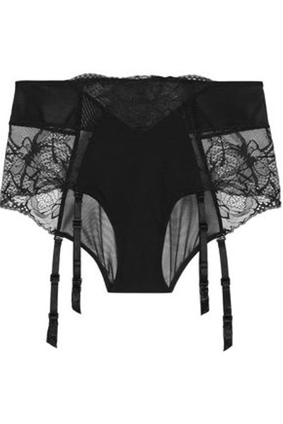 Shop Calvin Klein Underwear Woman Chantilly Lace, Stretch-tulle And Swiss-dot Jersey Suspender Belt Brief In Black