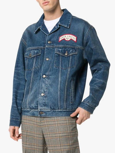 Shop Gucci Patch Detail Oversized Denim Jacket In Blue