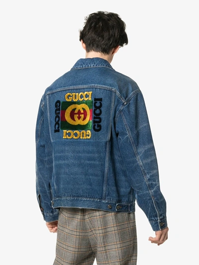 Shop Gucci Patch Detail Oversized Denim Jacket In Blue