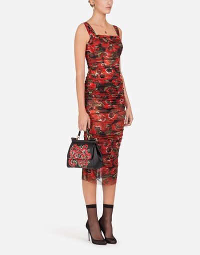 Shop Dolce & Gabbana Form-fitting Tulle Dress With Anemone Print In Floral Print