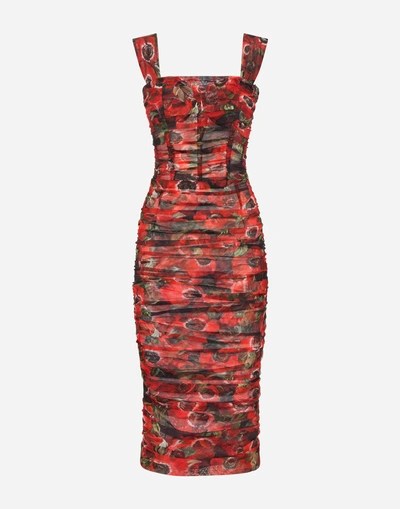 Shop Dolce & Gabbana Form-fitting Tulle Dress With Anemone Print In Floral Print