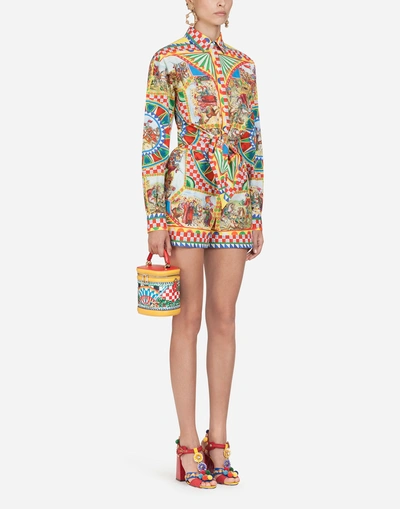 Shop Dolce & Gabbana Cotton Shorts With Sicilian Carretto Print In Multi-colored