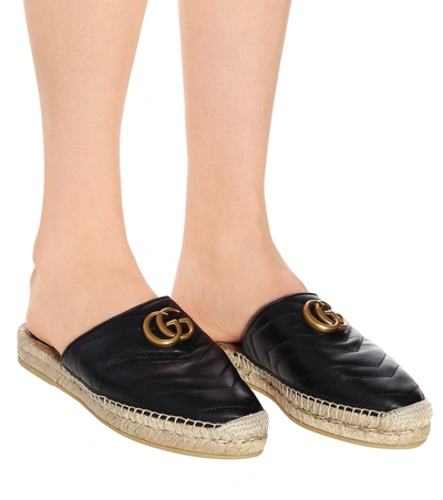 Shop Gucci Marmont Leather Espadrille Mules In Black