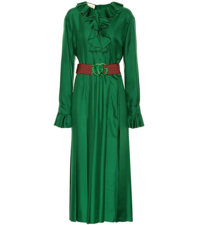 Shop Gucci Belted Silk Dress In Green
