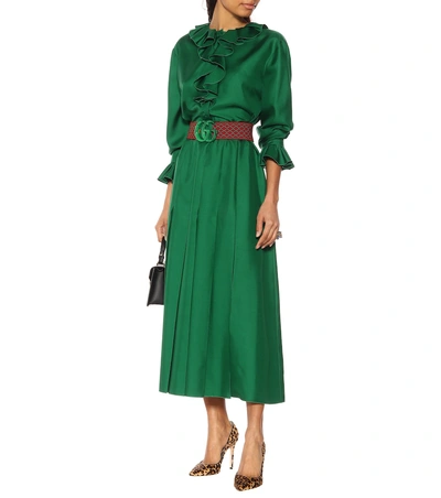 Shop Gucci Belted Silk Dress In Green