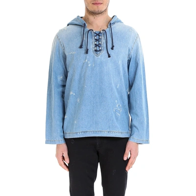 Shop Saint Laurent Hooded Denim Sweater In Blue