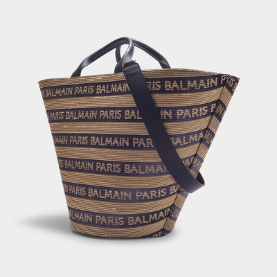 Shop Balmain | Plage Basket In Beige And Black Mariniere Raffia