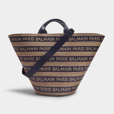 Shop Balmain | Plage Basket In Beige And Black Mariniere Raffia