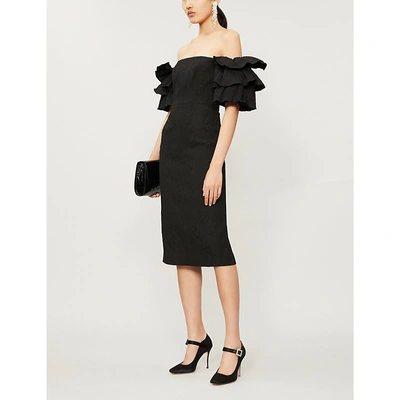 Shop Alexa Chung Puffed-sleeve Off-the-shoulder Cloqué Mini Dress In Black