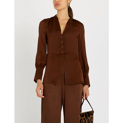Shop Arje Gaia Ruched Loose Silk Top In Chocolate