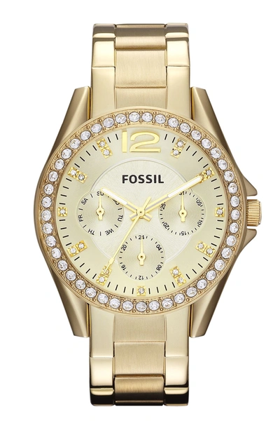 Shop Fossil 'riley' Round Crystal Bezel Bracelet Watch, 38mm In Gold