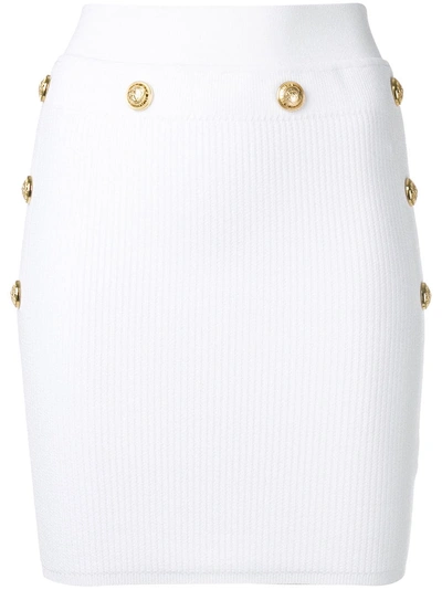 Shop Balmain Gold-tone Button Detail Knit Skirt In White