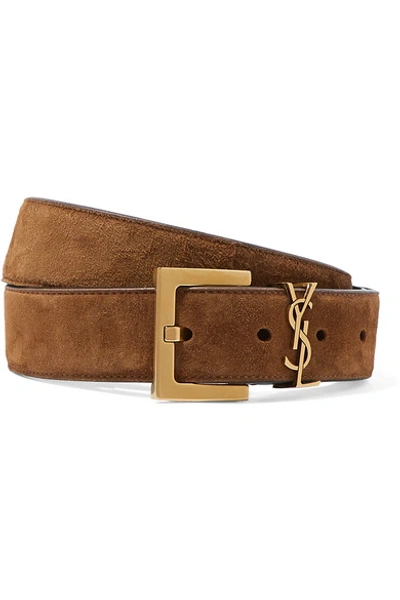 Shop Saint Laurent Embellished Suede Belt In Brown