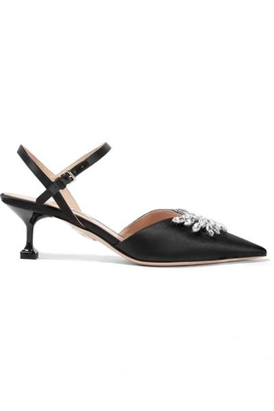 Shop Miu Miu Crystal-embellished Satin Slingback Pumps In Black