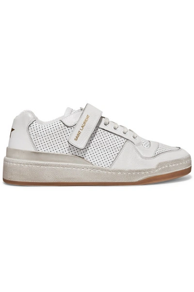 Shop Saint Laurent Travis Logo-print Distressed Perforated Leather Sneakers In White