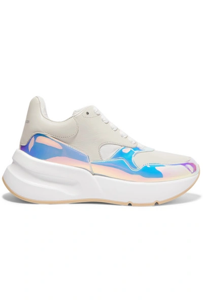 Shop Alexander Mcqueen Smooth And Iridescent Leather Exaggerated-sole Sneakers In White