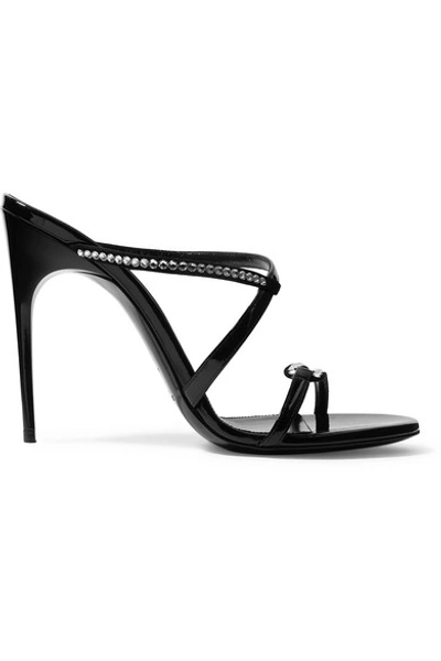 Shop Saint Laurent Paris Minimalist Crystal-embellished Suede And Patent-leather Mules In Black