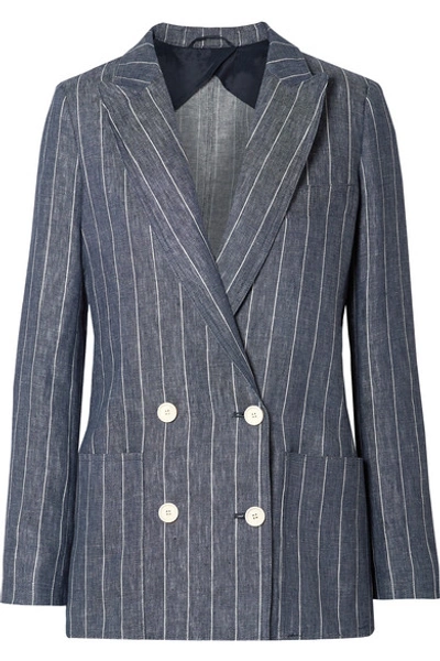 Shop Max Mara Bellico Double-breasted Pinstriped Linen Blazer In Navy