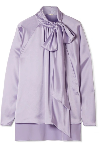 Shop Adam Lippes Pussy-bow Silk-satin Blouse In Lilac