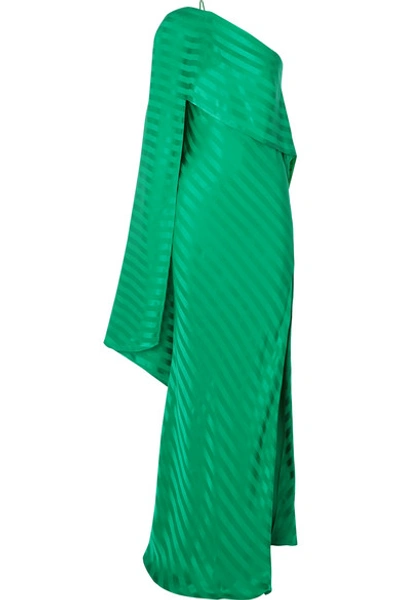 Shop Michelle Mason One-shoulder Cape-effect Striped Silk-satin Jacquard Gown In Green