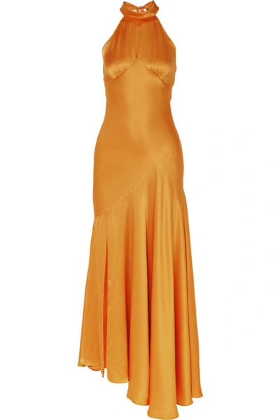 Shop De La Vali Vivienne Asymmetric Silk-satin Maxi Dress In Orange