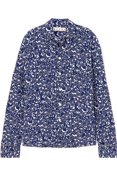 Shop Marni Floral-print Silk Crepe De Chine Shirt In Blue