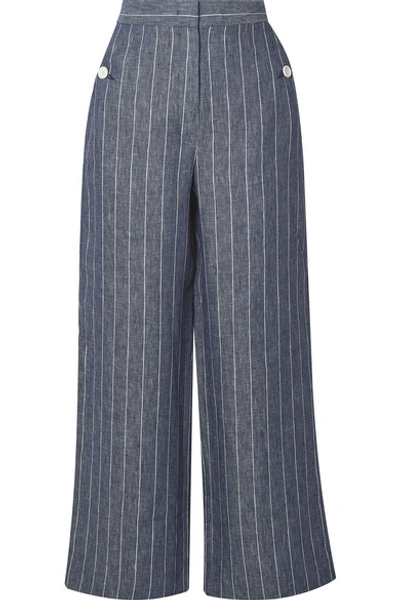 Shop Max Mara Formia Cropped Pinstriped Linen Wide-leg Pants In Navy