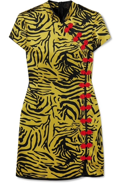 Shop De La Vali Suki Tiger-print Silk-satin Mini Dress In Yellow
