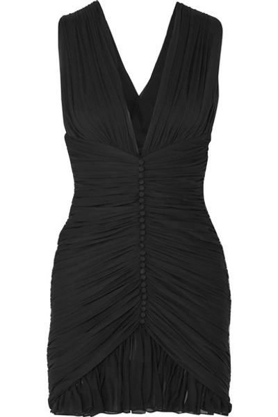 Shop Saint Laurent Ruched Silk-chiffon Mini Dress In Black