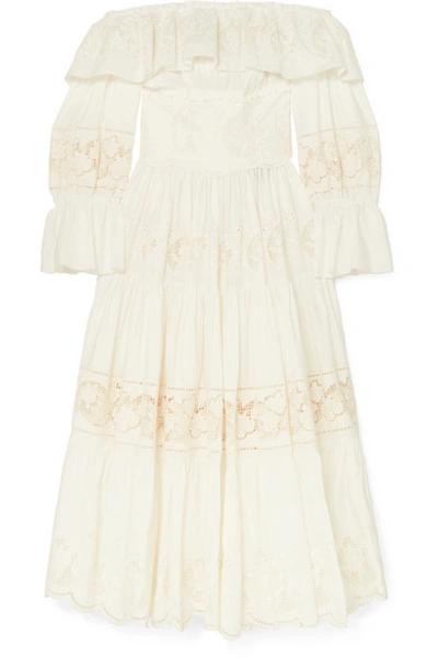 Shop Dolce & Gabbana Off-the Shoulder Tiered Broderie Anglaise Cotton-blend Poplin Midi Dress In White
