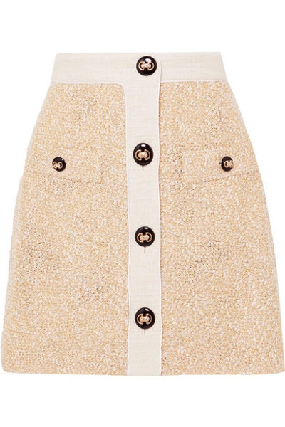 Shop Alessandra Rich Button-embellished Metallic Bouclé-tweed Mini Skirt In Yellow