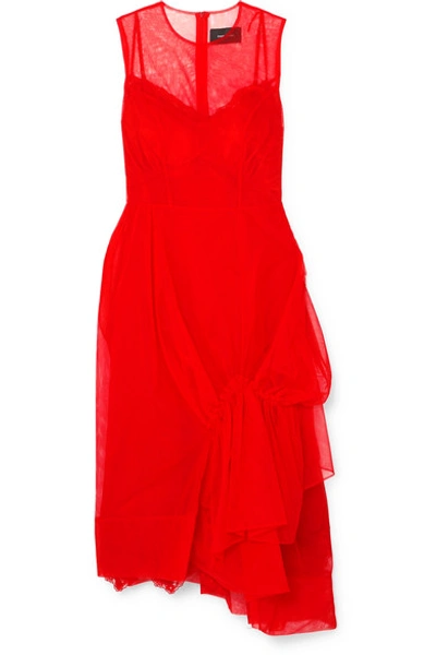 Shop Simone Rocha Asymmetric Gathered Tulle Midi Dress In Red