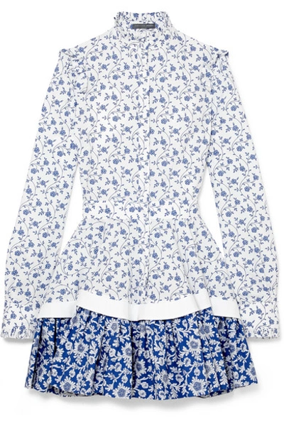 Shop Alexander Mcqueen Floral-print Ruffled Cotton-poplin Mini Dress In Blue