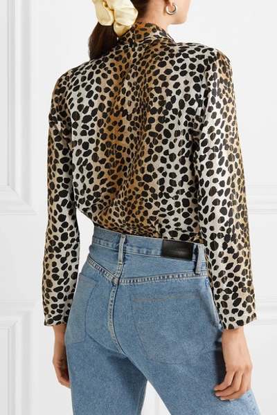 Shop Rixo London Avril Wrap-effect Metallic Leopard-print Satin And Stretch-lace Bodysuit In Brown