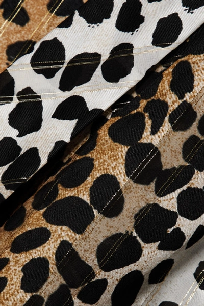 Shop Rixo London Avril Wrap-effect Metallic Leopard-print Satin And Stretch-lace Bodysuit In Brown