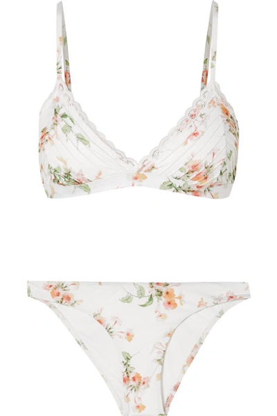 Shop Zimmermann Heathers Lace-trimmed Floral-print Triangle Bikini In White