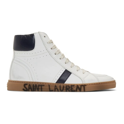 Shop Saint Laurent White & Navy Joe Mid-top Sneakers