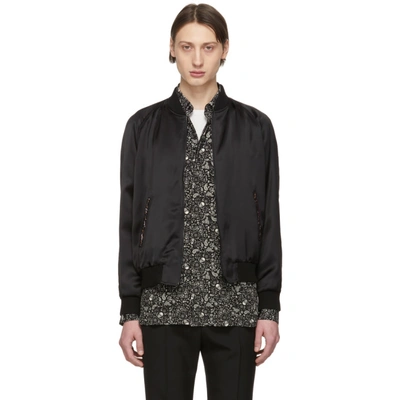 Shop Saint Laurent Black Embroidered Logo Bomber Jacket In 1000 Black