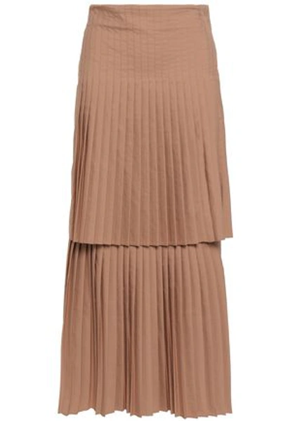 Shop Brunello Cucinelli Woman Layered Pleated Poplin Midi Skirt Antique Rose