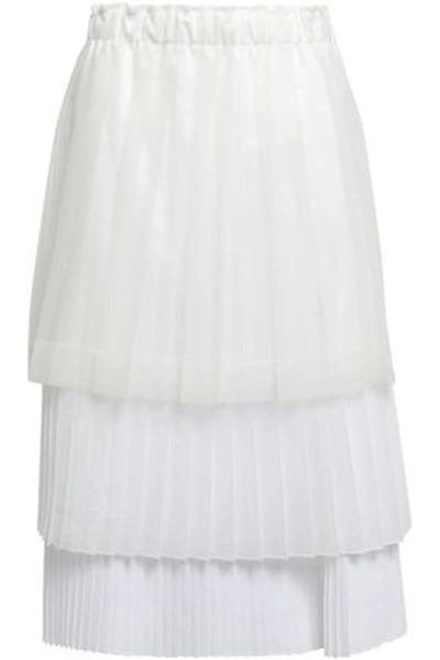 Shop Brunello Cucinelli Tiered Pleated Coated-tulle, Organza And Poplin Midi Skirt In Ivory