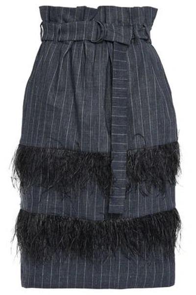 Shop Brunello Cucinelli Woman Feather-trimmed Pinstriped Linen And Wool-blend Skirt Storm Blue