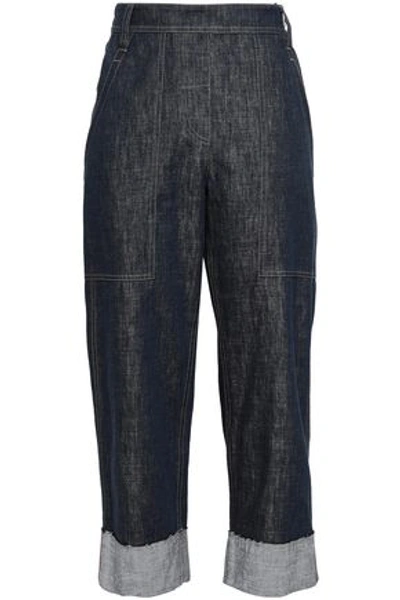 Shop Brunello Cucinelli Woman Cropped Bead-embellished High-rise Wid-leg Jeans Dark Denim