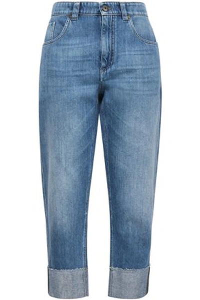 Shop Brunello Cucinelli Woman High-rise Straight-leg Jeans Mid Denim