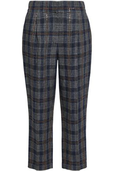Shop Brunello Cucinelli Sequin-embellished Checked Linen Tapered Pants In Indigo