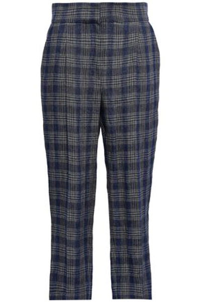 Shop Brunello Cucinelli Woman Cropped Checked Linen Tapered Pants Navy