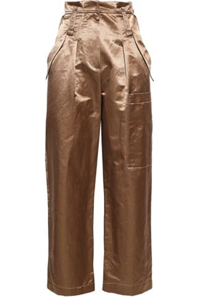 Shop Brunello Cucinelli Cropped Shantung Straight-leg Pants In Bronze