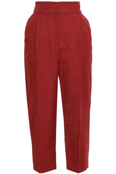 Shop Brunello Cucinelli Herringbone Cotton And Linen-blend Tapered Pants In Crimson