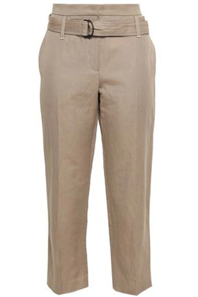 Shop Brunello Cucinelli Woman Cropped Cotton And Linen-blend Gabardine Straight-leg Pants Sand