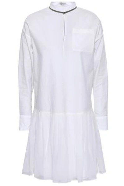Shop Brunello Cucinelli Woman Bead-embellished Cotton-blend Poplin And Pleated Chiffon Mini Dress White