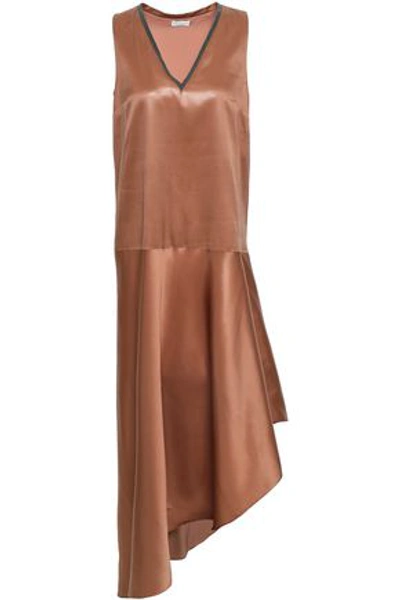 Shop Brunello Cucinelli Asymmetric Bead-embellished Silk-satin Midi Dress In Copper